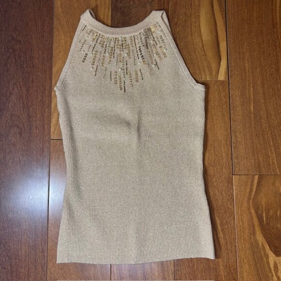 Cache Y2K Gold metallic sequin & pearl knit ribbed stretchy sweater - Picture 1 of 5